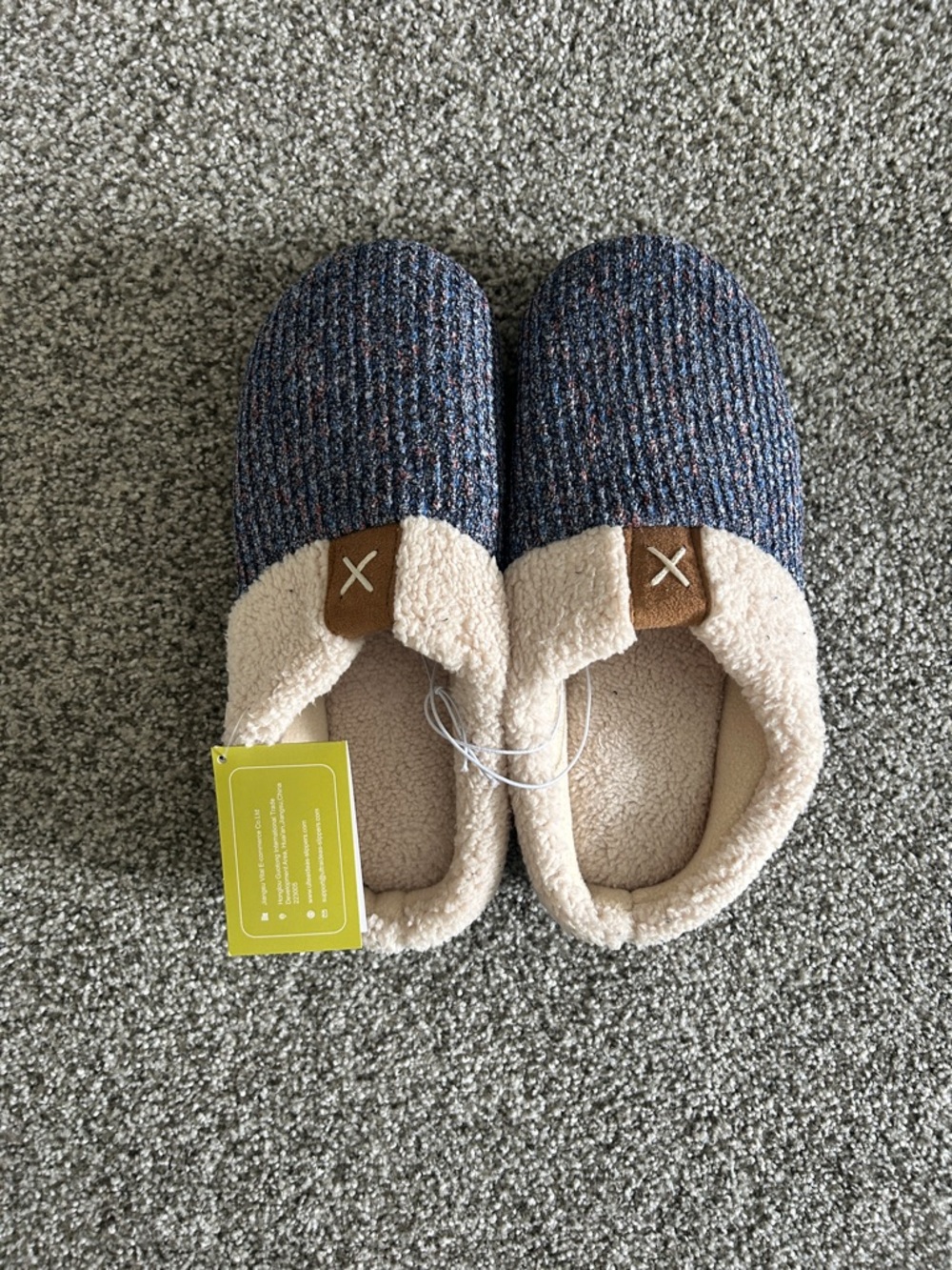 Cozy Knit Slip-On House Slippers in Navy Speckle with Cream Sherpa